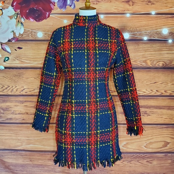 CBR Dresses & Skirts - CBR Tweed Plaid Long Sleeve Mini Dress